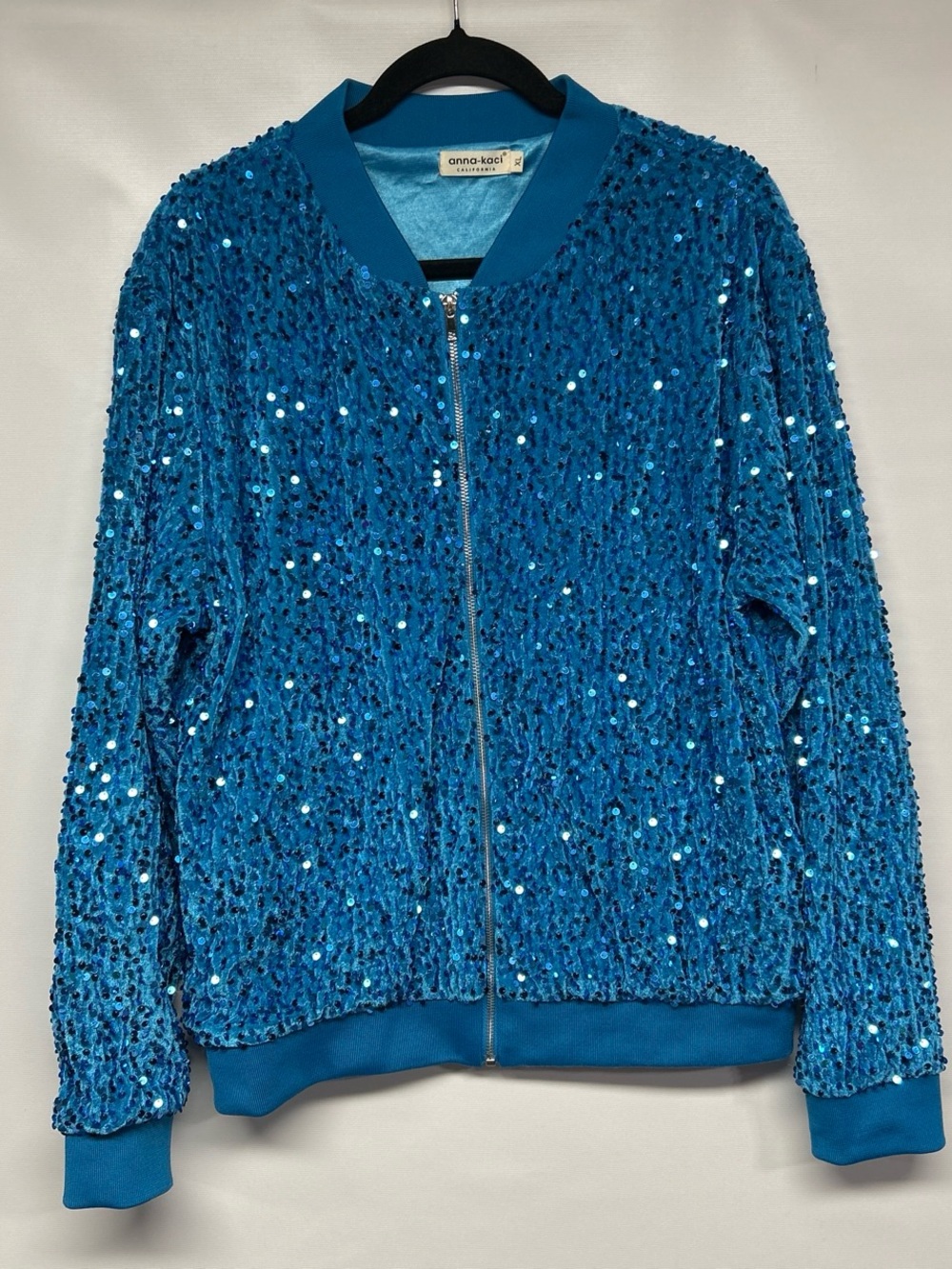 Anna-Kaci Women's Blue Sequin Bomber Jacket